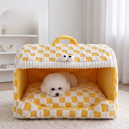Plush checkerboard cat cave with thick padded walls