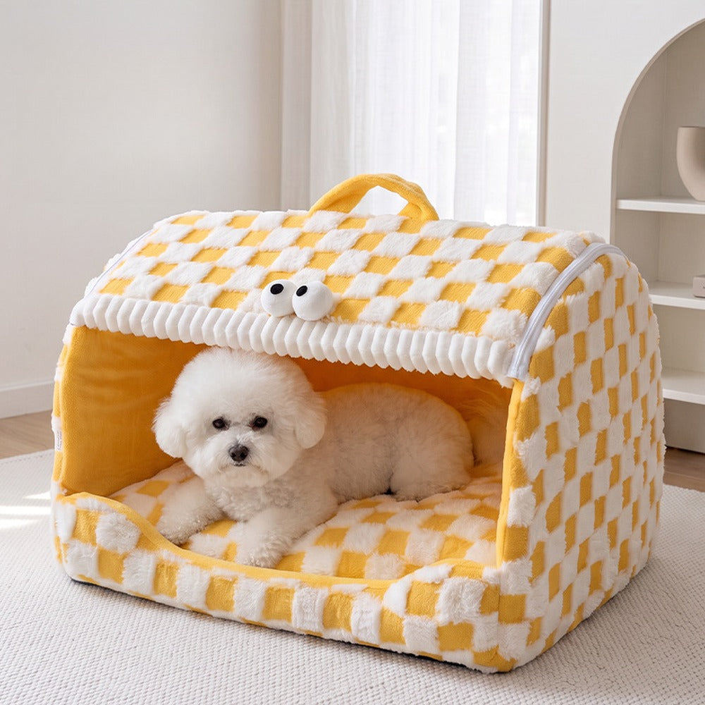 Roomy semi-enclosed dog bed with soft checker cushion