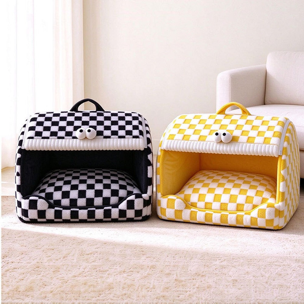 Black and white and yellow checkerboard pet houses side by side