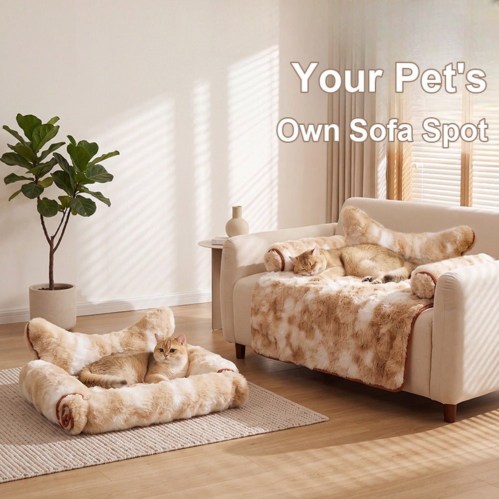 Convertible faux fur sofa pet bed on a couch and on the floor
