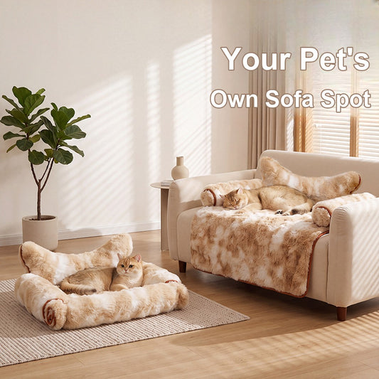 Convertible faux fur sofa pet bed on a couch and on the floor
