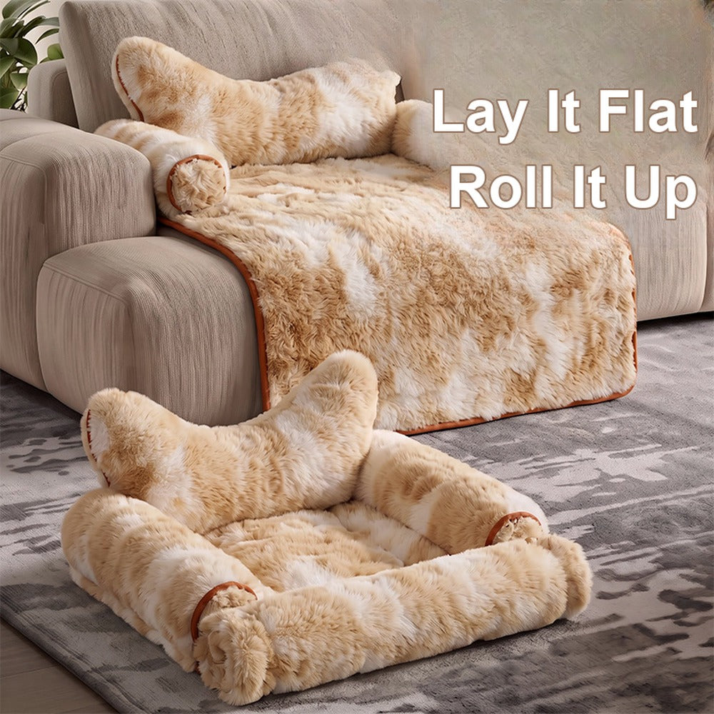 Faux fur pet mat laid flat on a sofa and rolled up as a bolster bed