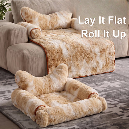 Faux fur pet mat laid flat on a sofa and rolled up as a bolster bed