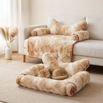 Caramel brown plush sofa protector with cat sleeping in the bolster bed