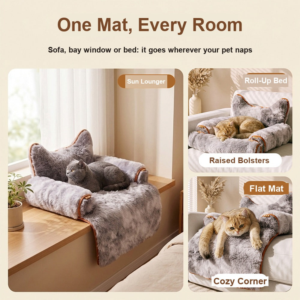 Pet bed used on a bay window, rolled up and laid flat