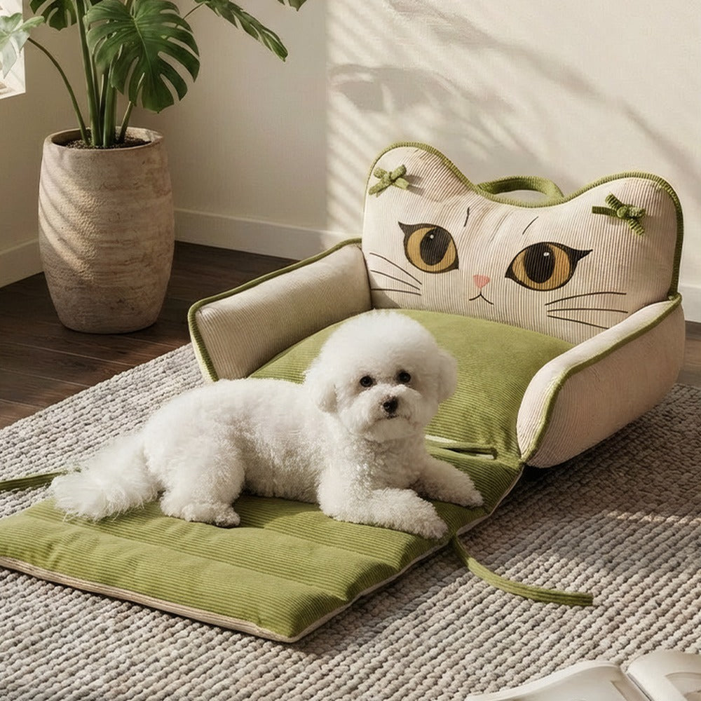 Pet sofa bed with comforter unfolded into sleeping mat
