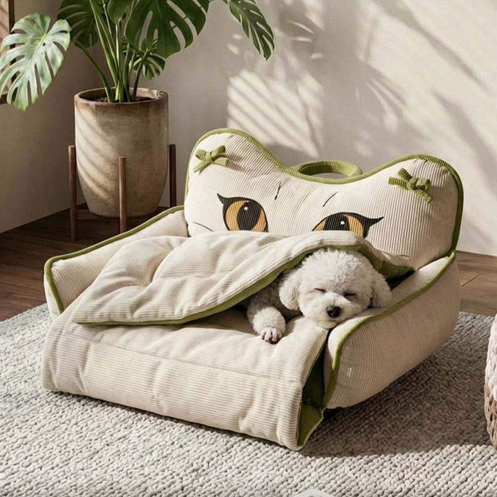Dog snuggling under the attached pet blanket