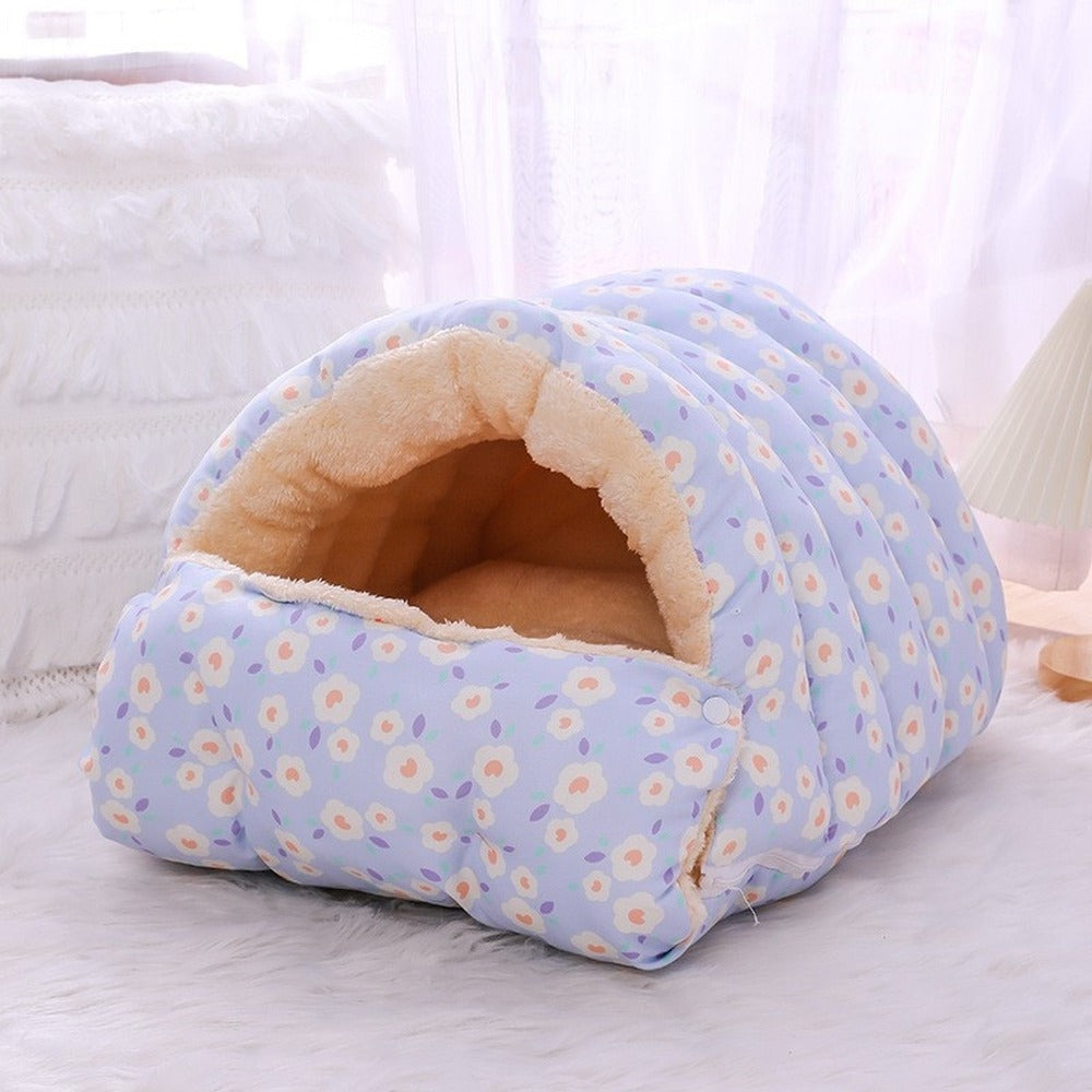 Blue floral cat sleeping bag cave bed