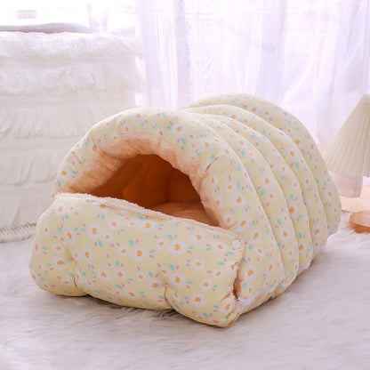 Yellow floral quilted cat cave bed