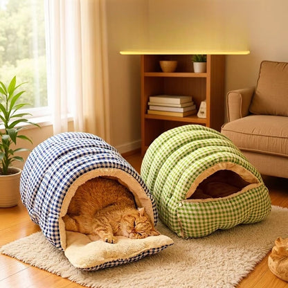 Blue and green plaid cat burrow beds in a living room