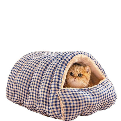 Blue plaid cat cave bed on white background