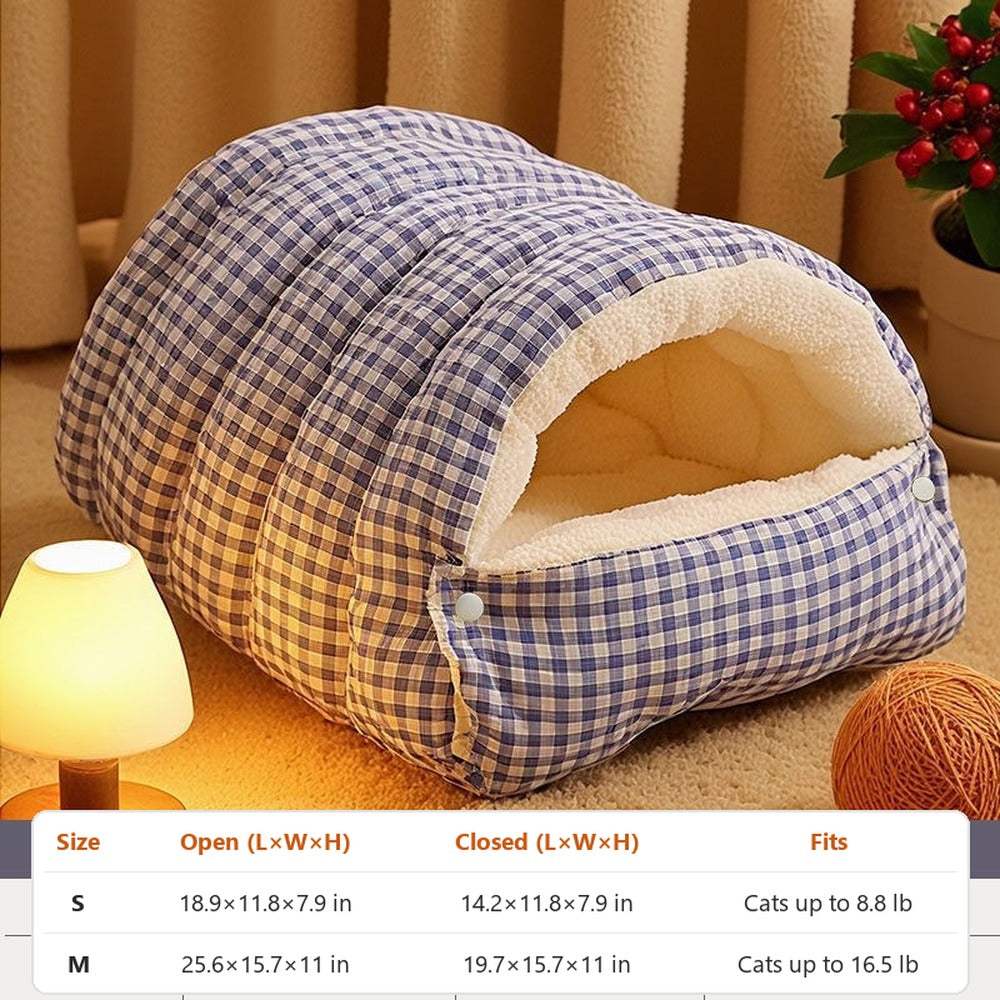 Blue plaid cat sleeping bag bed size chart