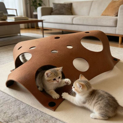Cheese Cave Cat Tunnel Mat | Foldable Felt Scratch & Play Blanket
