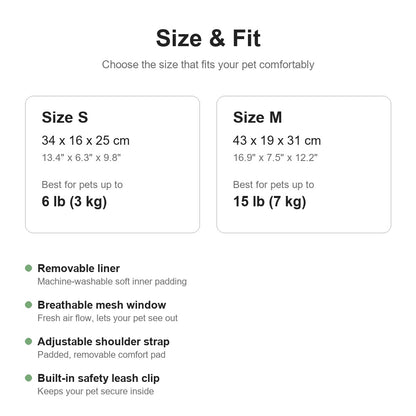 Size chart and features for the elephant cat carrier tote, sizes S and M
