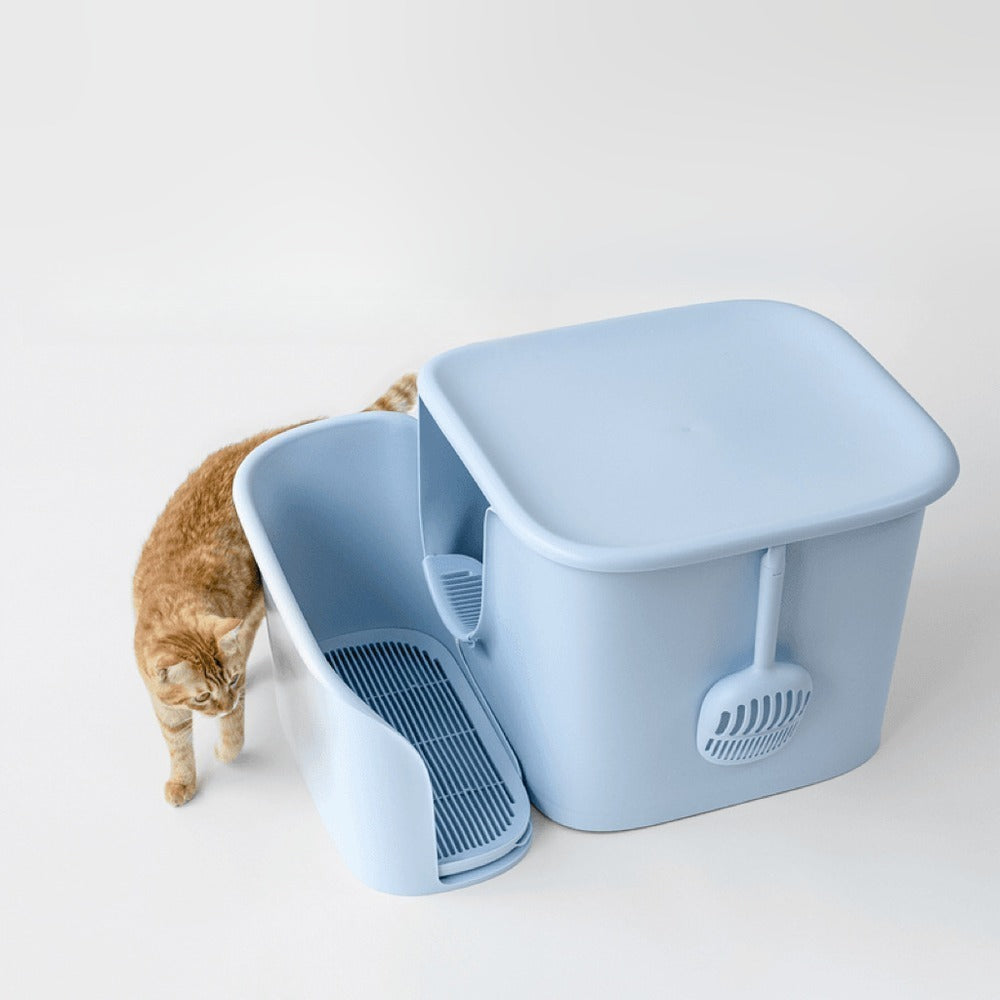 Mist blue litter box with walk-through litter-trap corridor