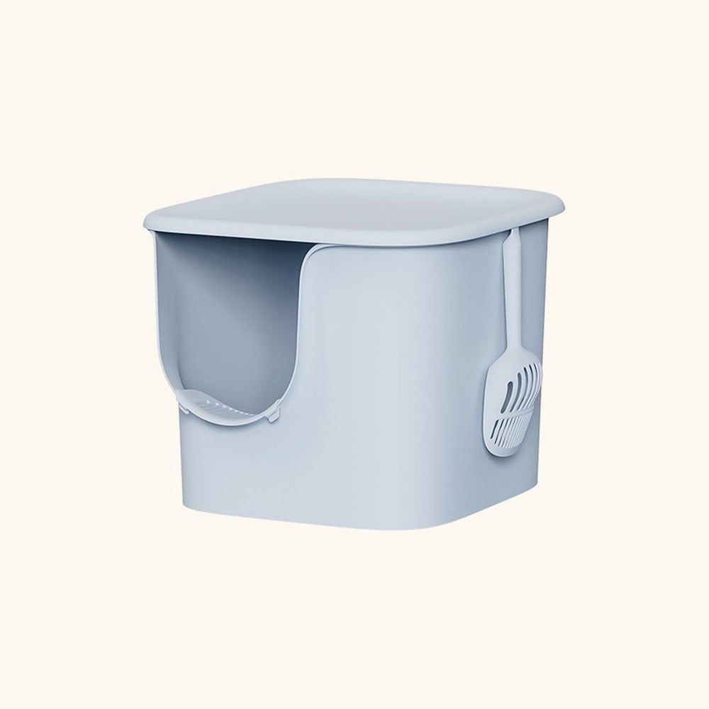 Extra large semi-enclosed cat litter box in mist blue with side scoop