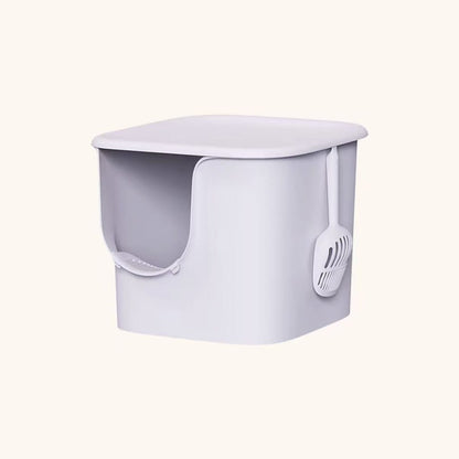 Extra large semi-enclosed cat litter box in lavender haze with side scoop