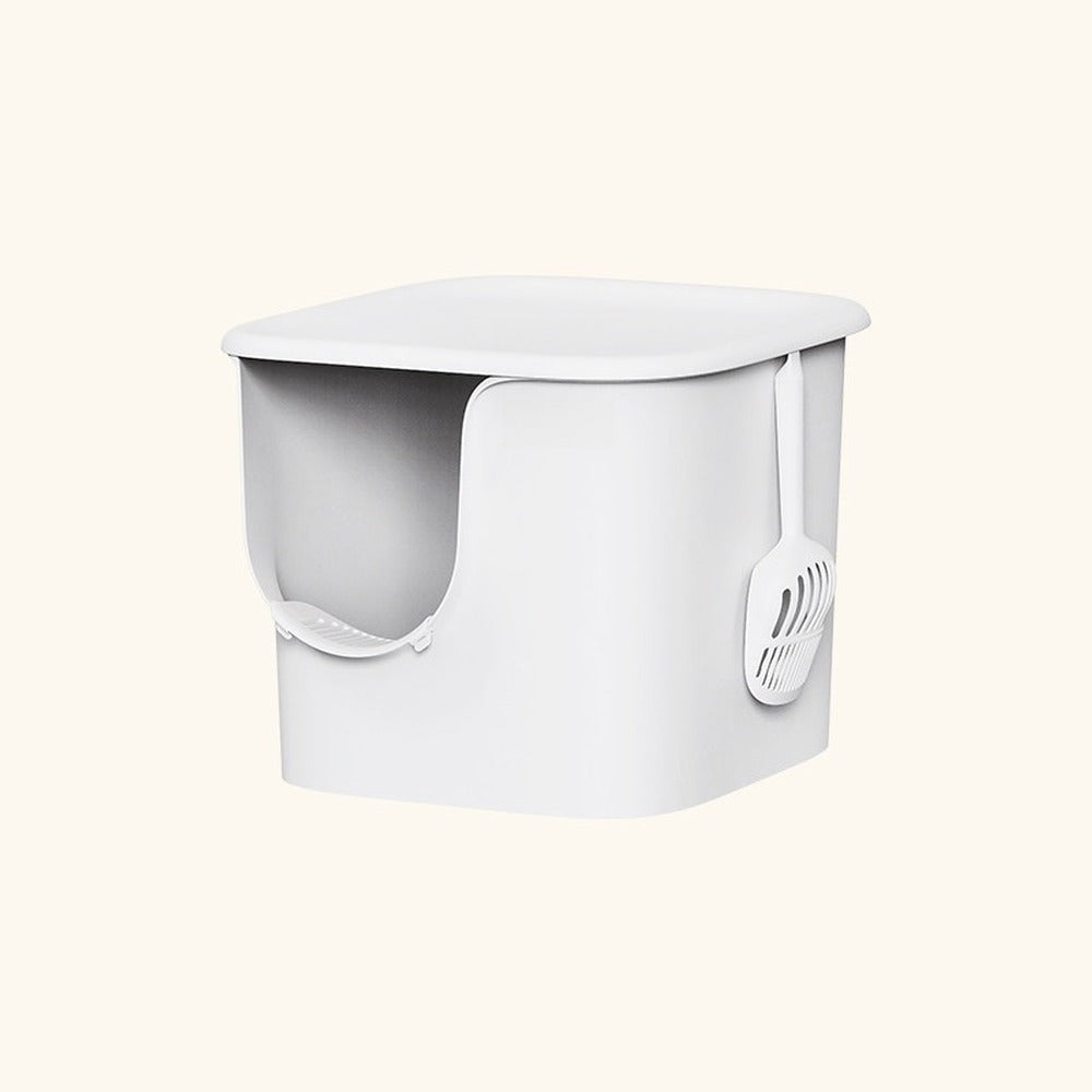 Extra large semi-enclosed cat litter box in cloud white with side scoop