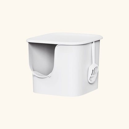 Extra large semi-enclosed cat litter box in cloud white with side scoop
