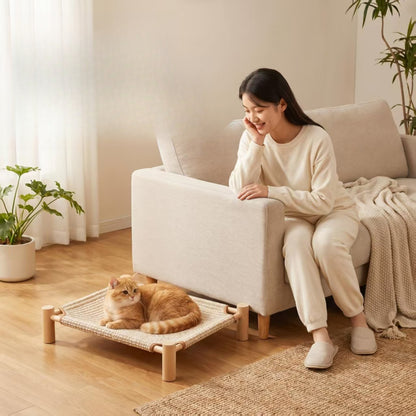 Elevated Wood Cot Bed, Washable Breathable Cat & Dog Bed