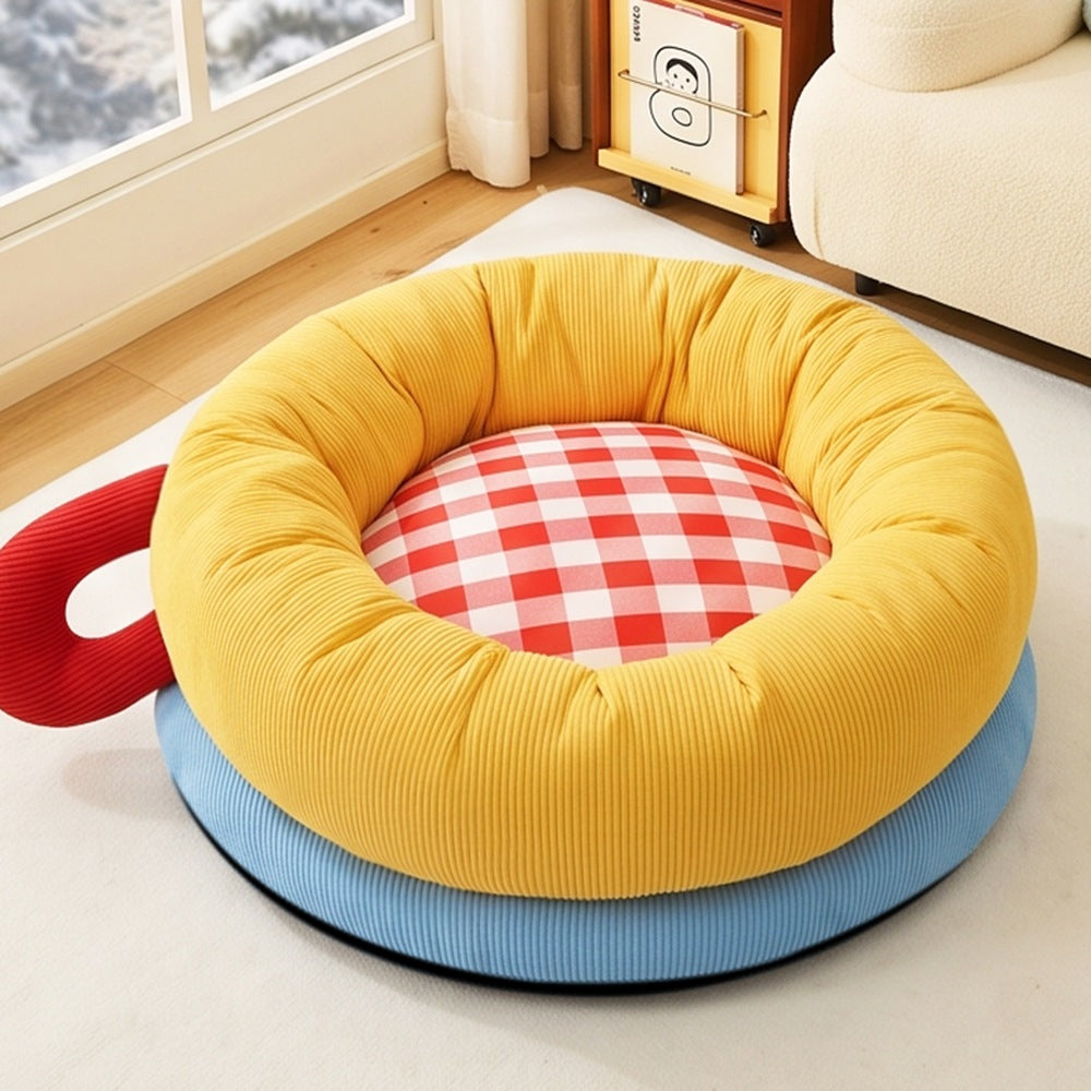 Yellow donut cat bed with red gingham cushion and carry handle