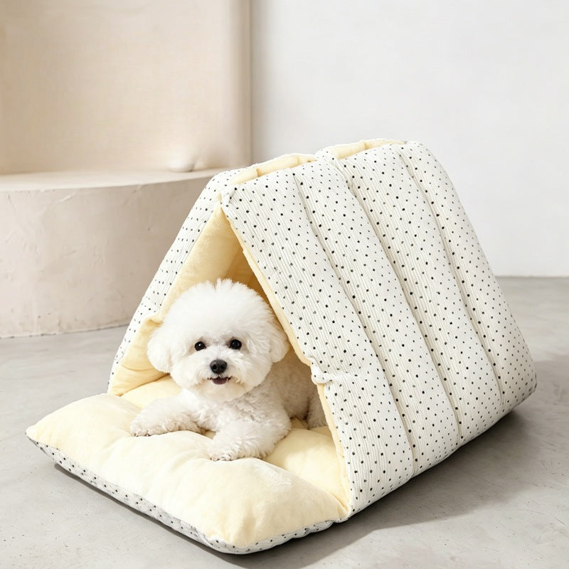 Foldable cat tent bed with one side opened into a plush cushion