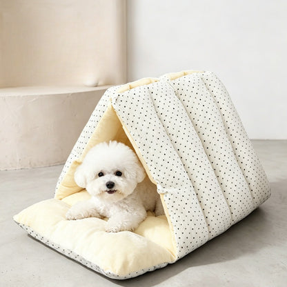 Foldable cat tent bed with one side opened into a plush cushion