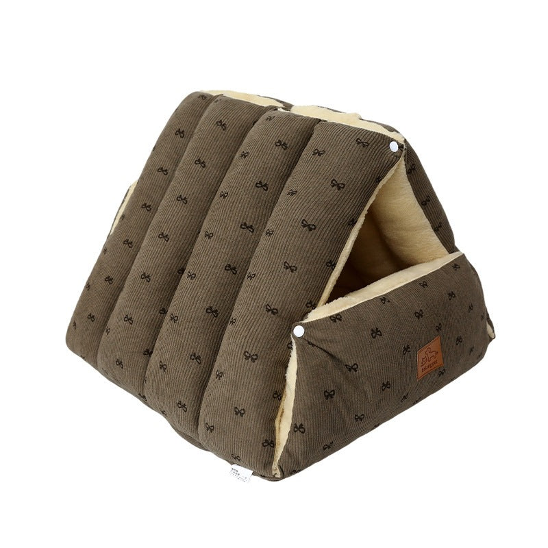 Brown bow print corduroy cat tent bed side view