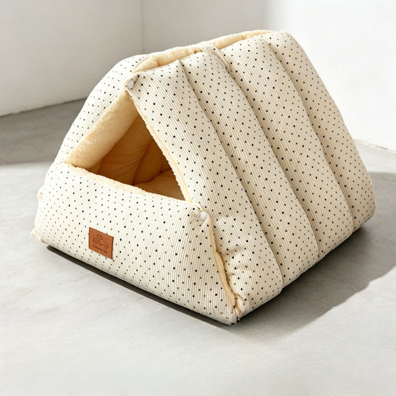 Cream Polka Dot foldable cat tent bed