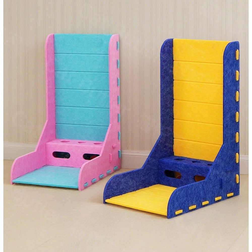 Two upright felt cat scratching boards with toy box bases
