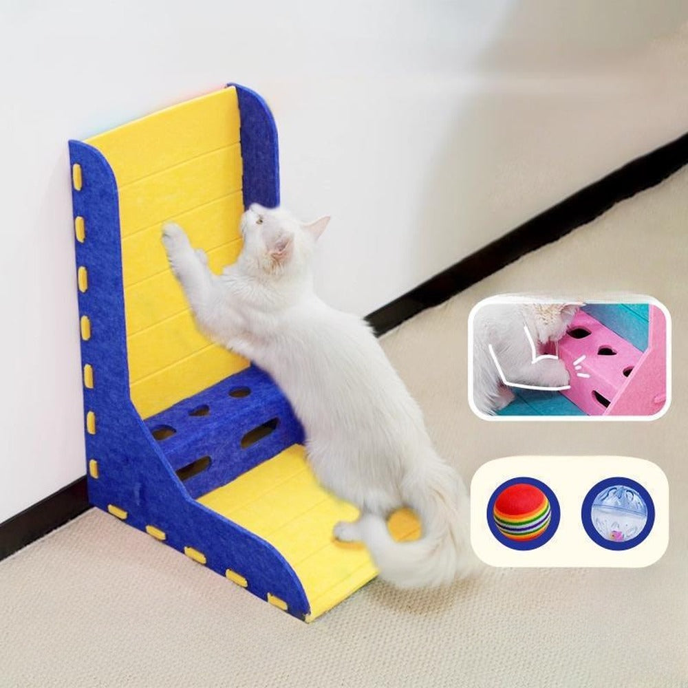 Navy and yellow L-shaped felt cat scratcher with toy box