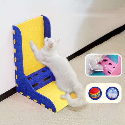 Navy and yellow L-shaped felt cat scratcher with toy box