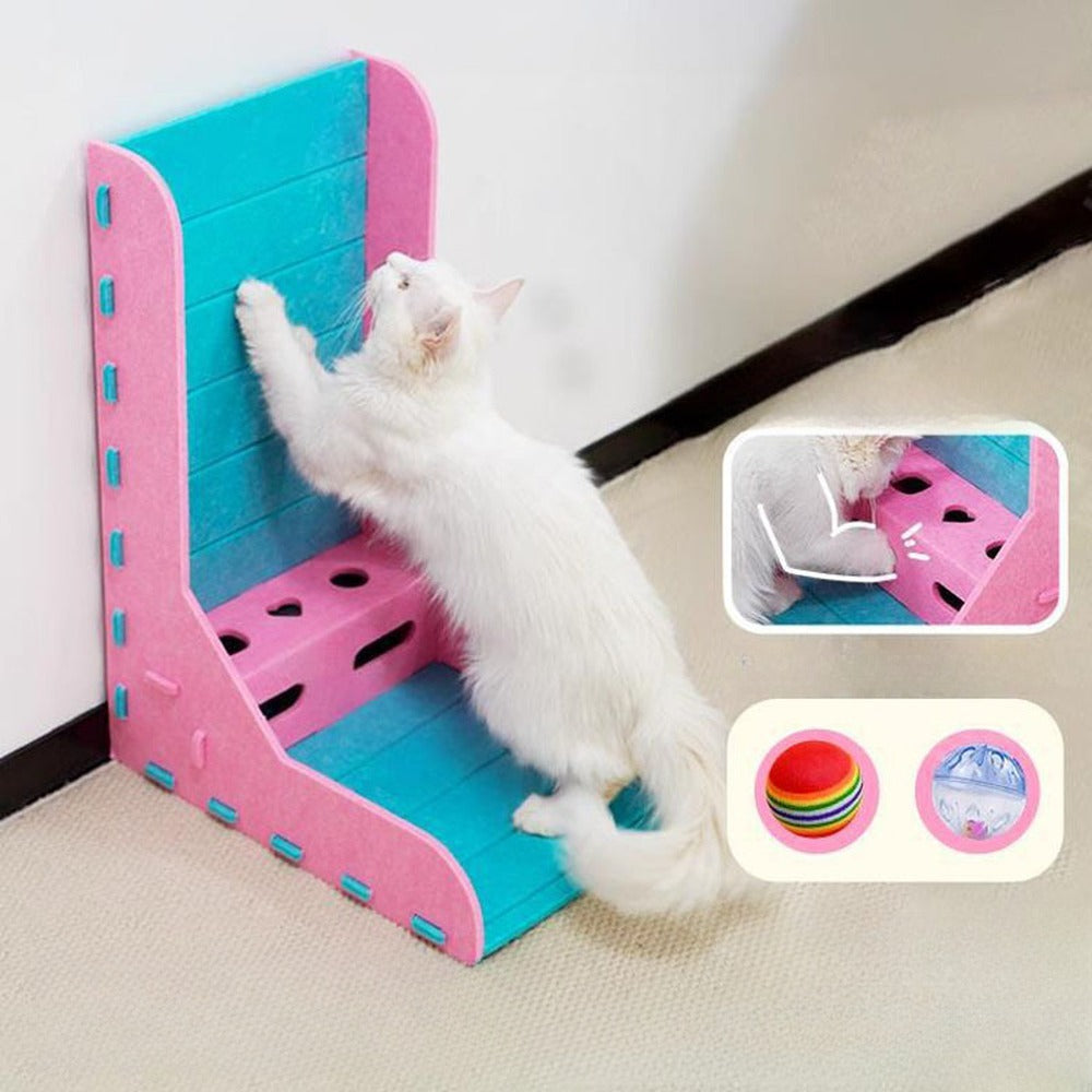 Pink and teal L-shaped felt cat scratcher with toy box