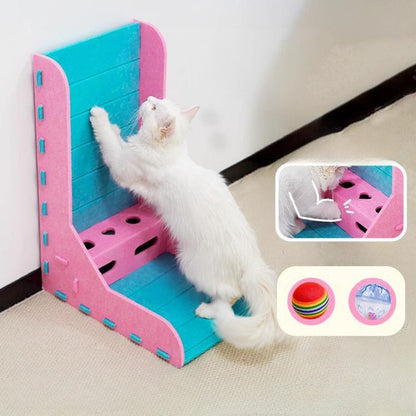 Pink and teal L-shaped felt cat scratcher with toy box