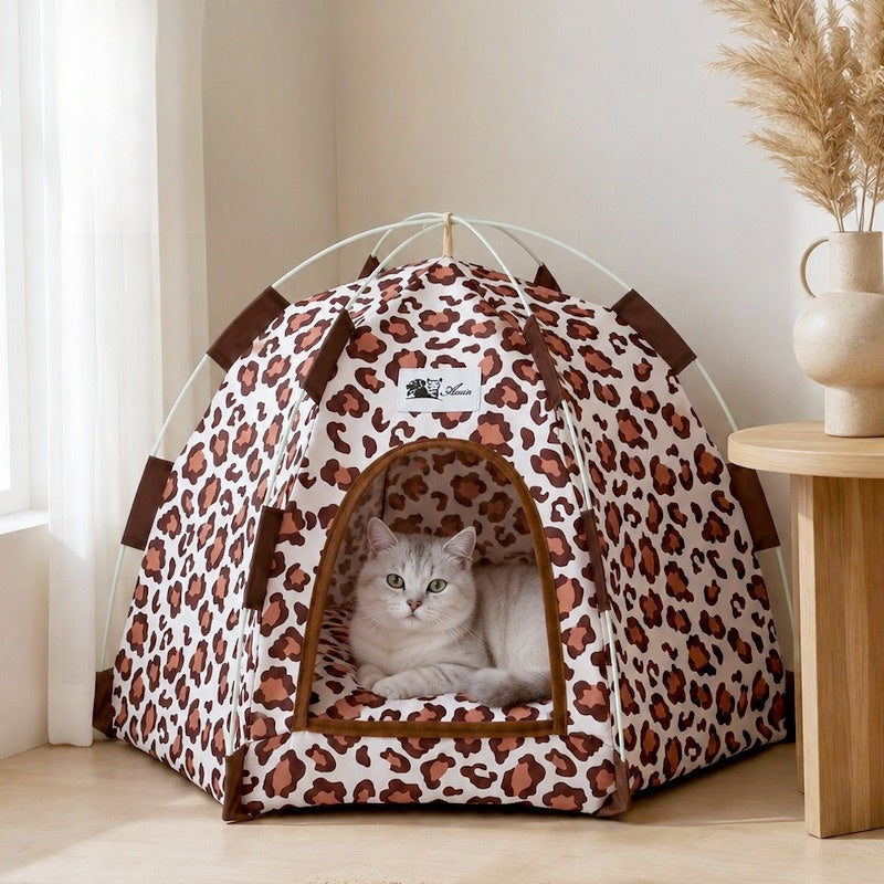 Leopard Print Hexagon Pet Tent Bed for Cats & Small Dogs
