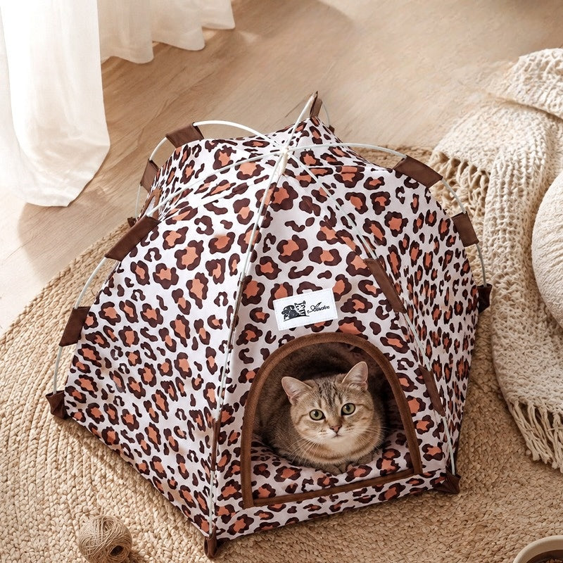 Leopard Print Hexagon Pet Tent Bed for Cats & Small Dogs