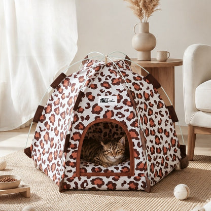 Leopard Print Hexagon Pet Tent Bed for Cats & Small Dogs