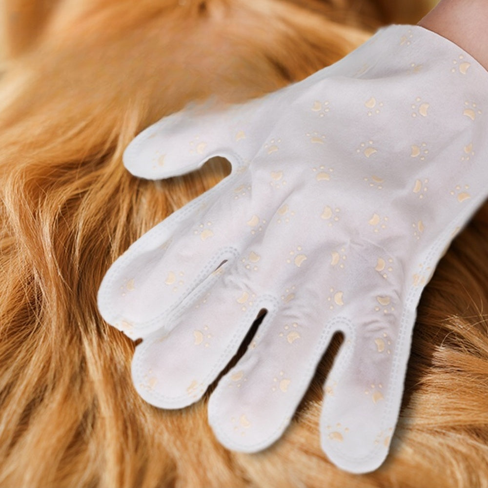 No-rinse pet bath glove on a golden dog's coat