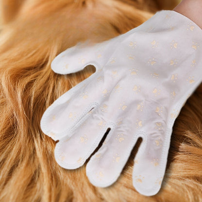 No-rinse pet bath glove on a golden dog's coat