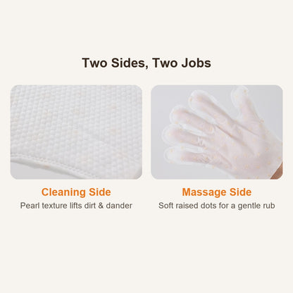 Pearl-texture cleaning side and dotted massage side of the bath glove