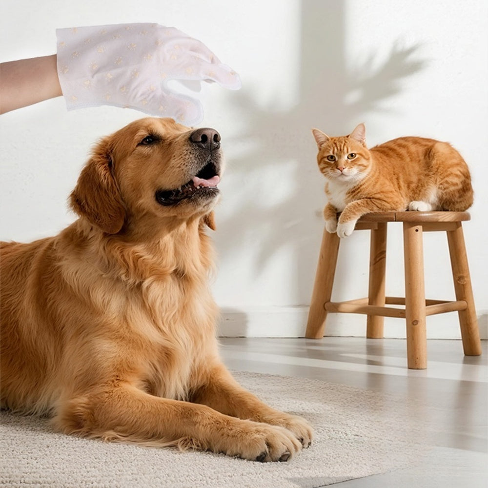 Golden retriever getting a waterless glove wipe while a cat watches