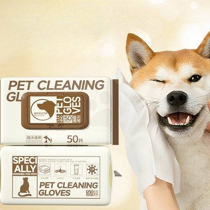 Wiping a dog's face with a pet cleaning glove wipe