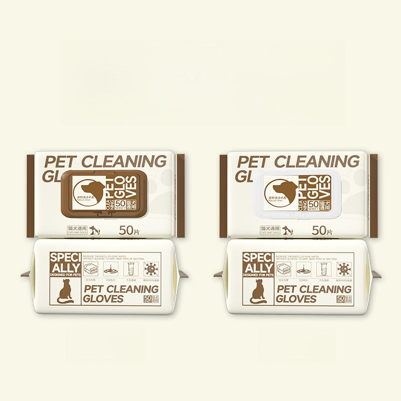 Pet cleaning glove wipes packs, brown and white lid versions