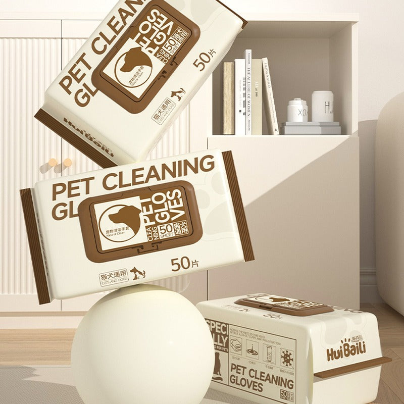 Pet cleaning glove wipe packs in a home setting