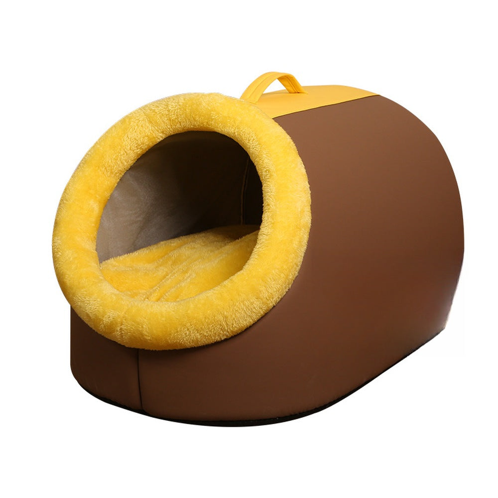 Brown plush cat cave bed with golden faux-fur rim