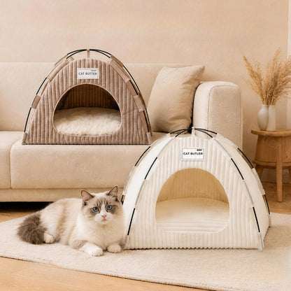 Cream and latte cat tent beds in a living room