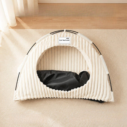 Cream cat tent bed front view with removable cushion