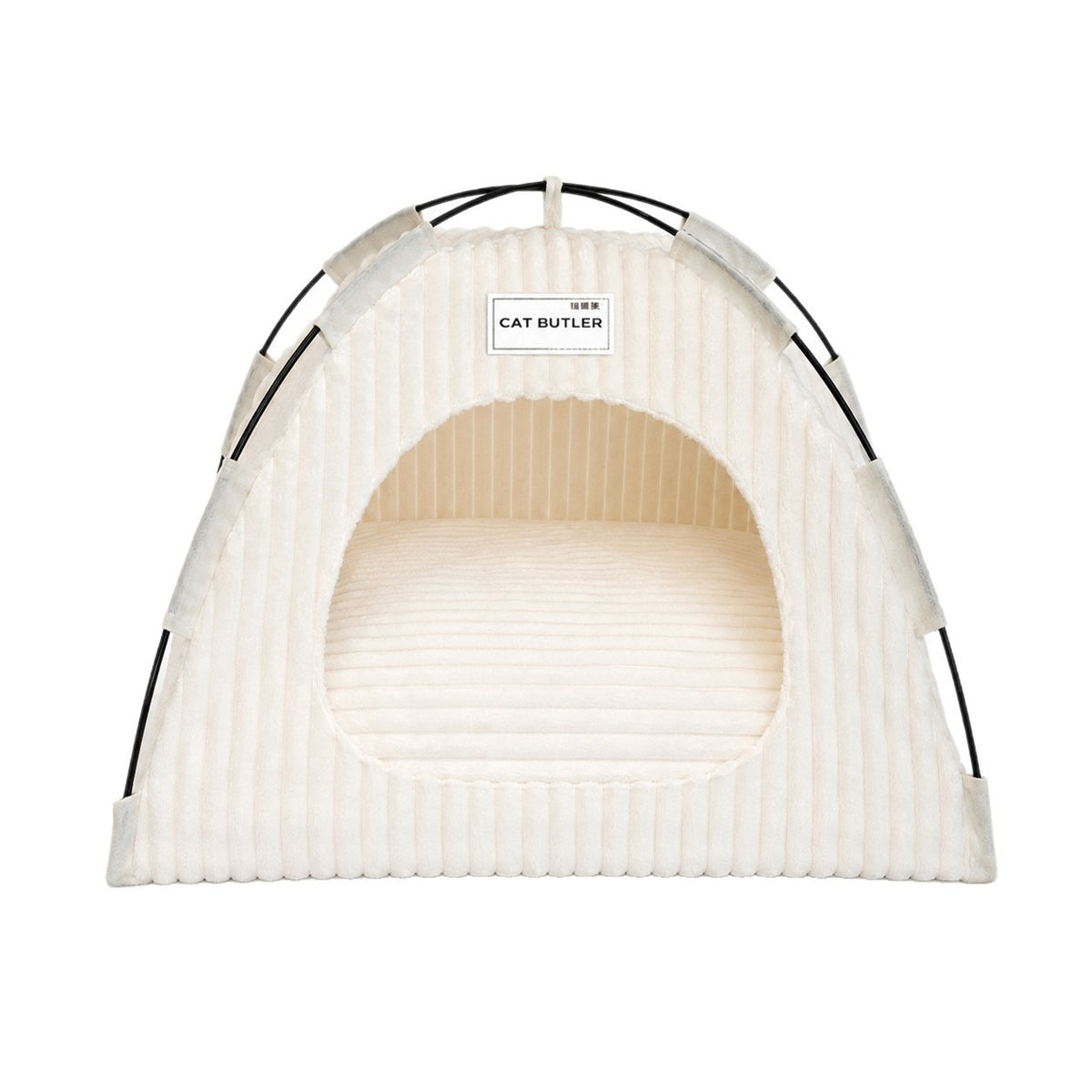 Cream plush cat tent bed on white background
