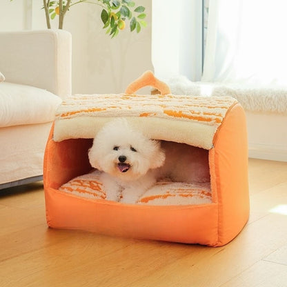 Orange plush pet house bed with small dog inside