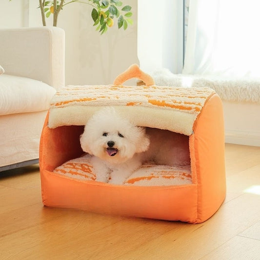 Orange plush pet house bed with small dog inside